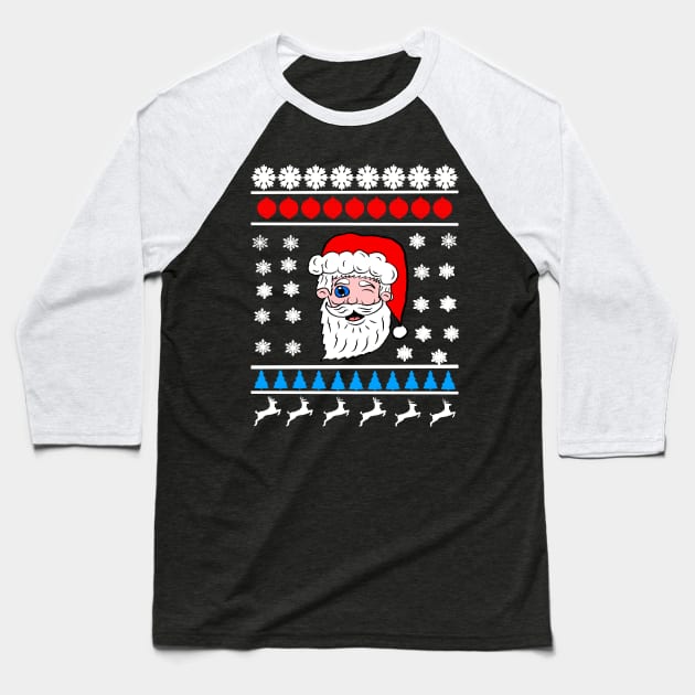 Winking Santa Ugly Christmas Sweater Design Baseball T-Shirt by Eric03091978